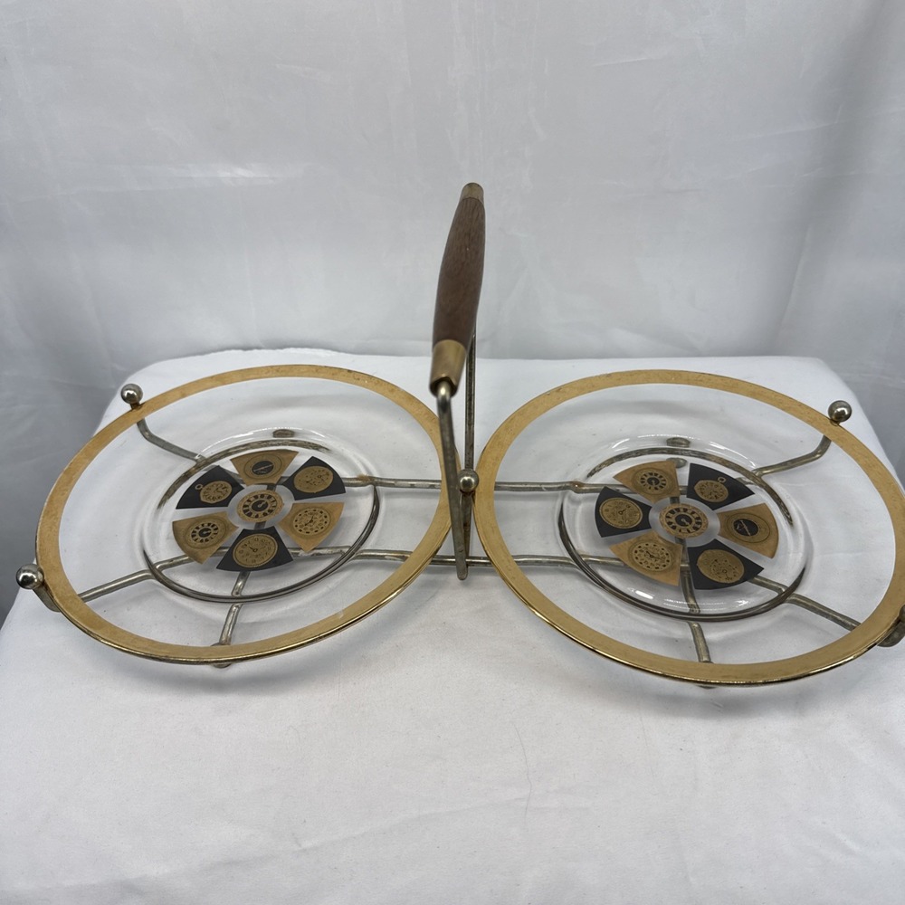 MCM‎ Dual Platter Barware Black And Gold Timepiece Design RARE